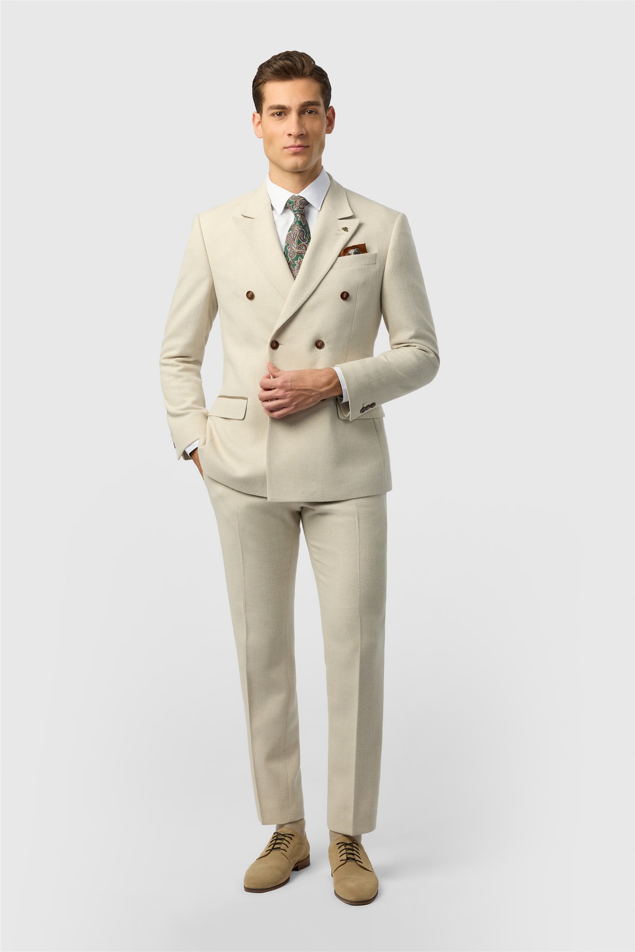 Antique Rogue Slim Fit Baxter Double Breasted Ecru Herringbone Tweed Jacket