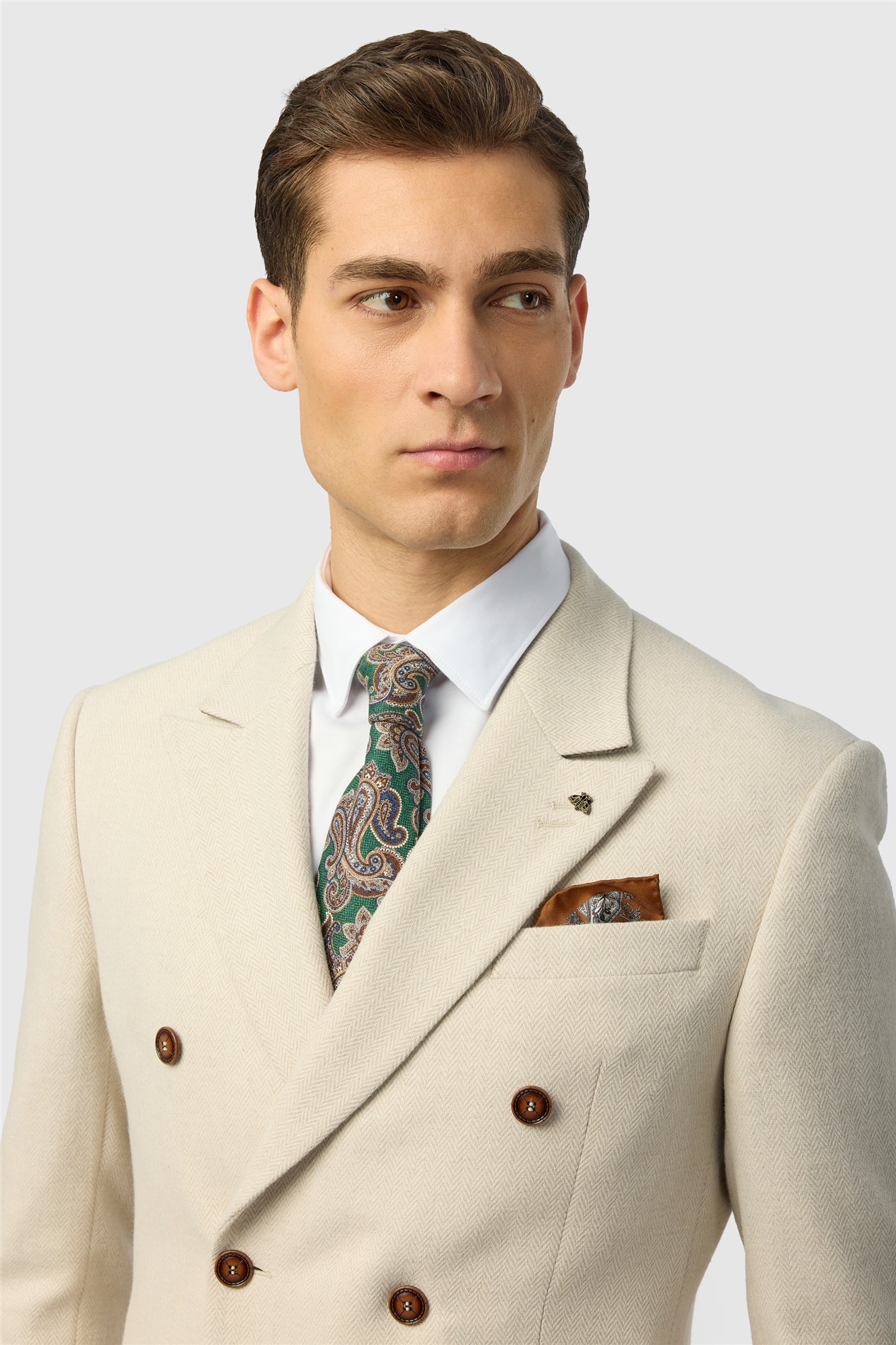 Antique Rogue Slim Fit Baxter Double Breasted Ecru Herringbone Tweed Jacket