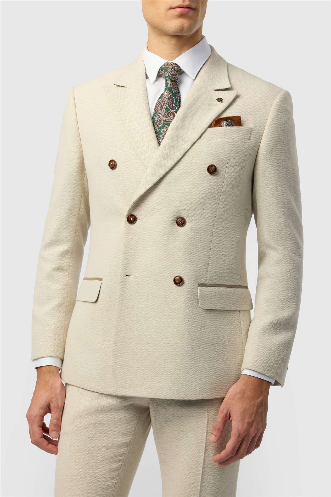 Antique Rogue Slim Fit Baxter Double Breasted Ecru Herringbone Tweed Jacket