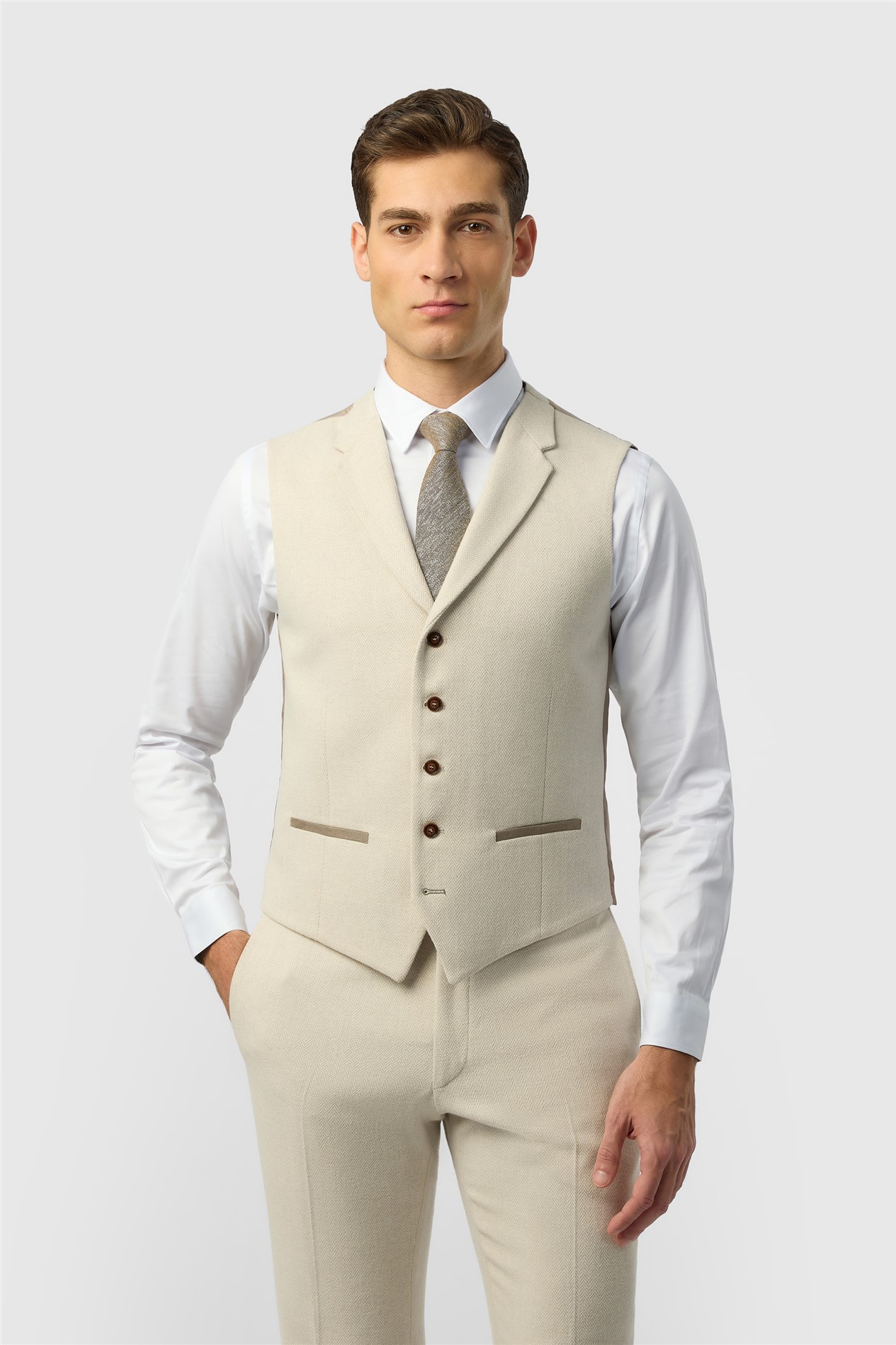 Antique Rogue Slim Fit Ecru Herringbone Tweed Waistcoat