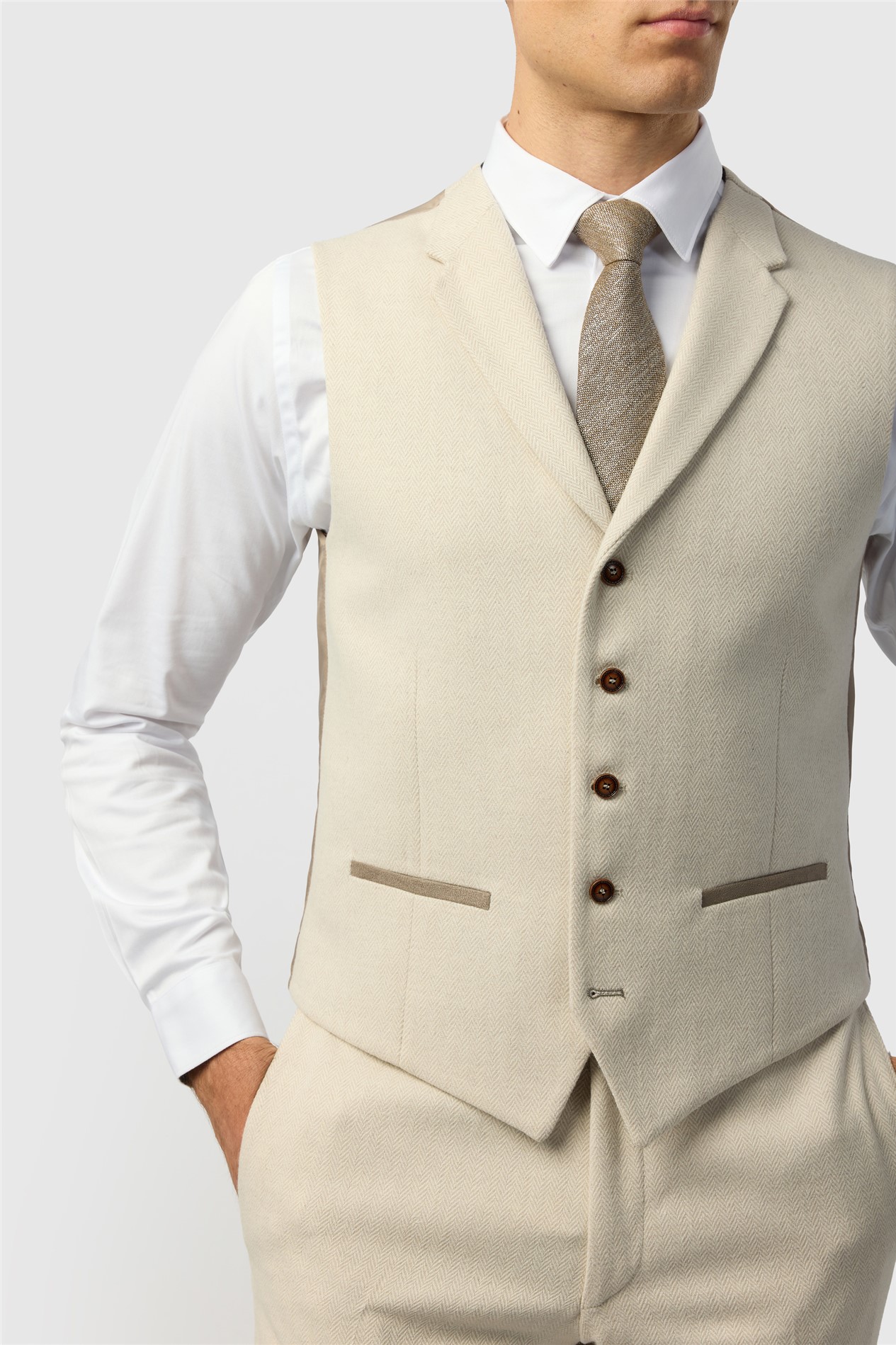 Antique Rogue Slim Fit Ecru Herringbone Tweed Waistcoat