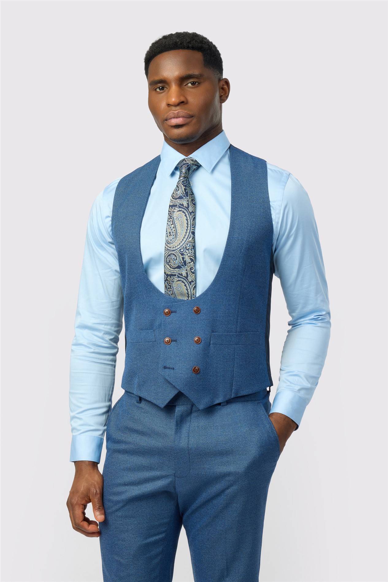 Antique Rogue Blue Textured Double Breasted Stretch Waistcoat