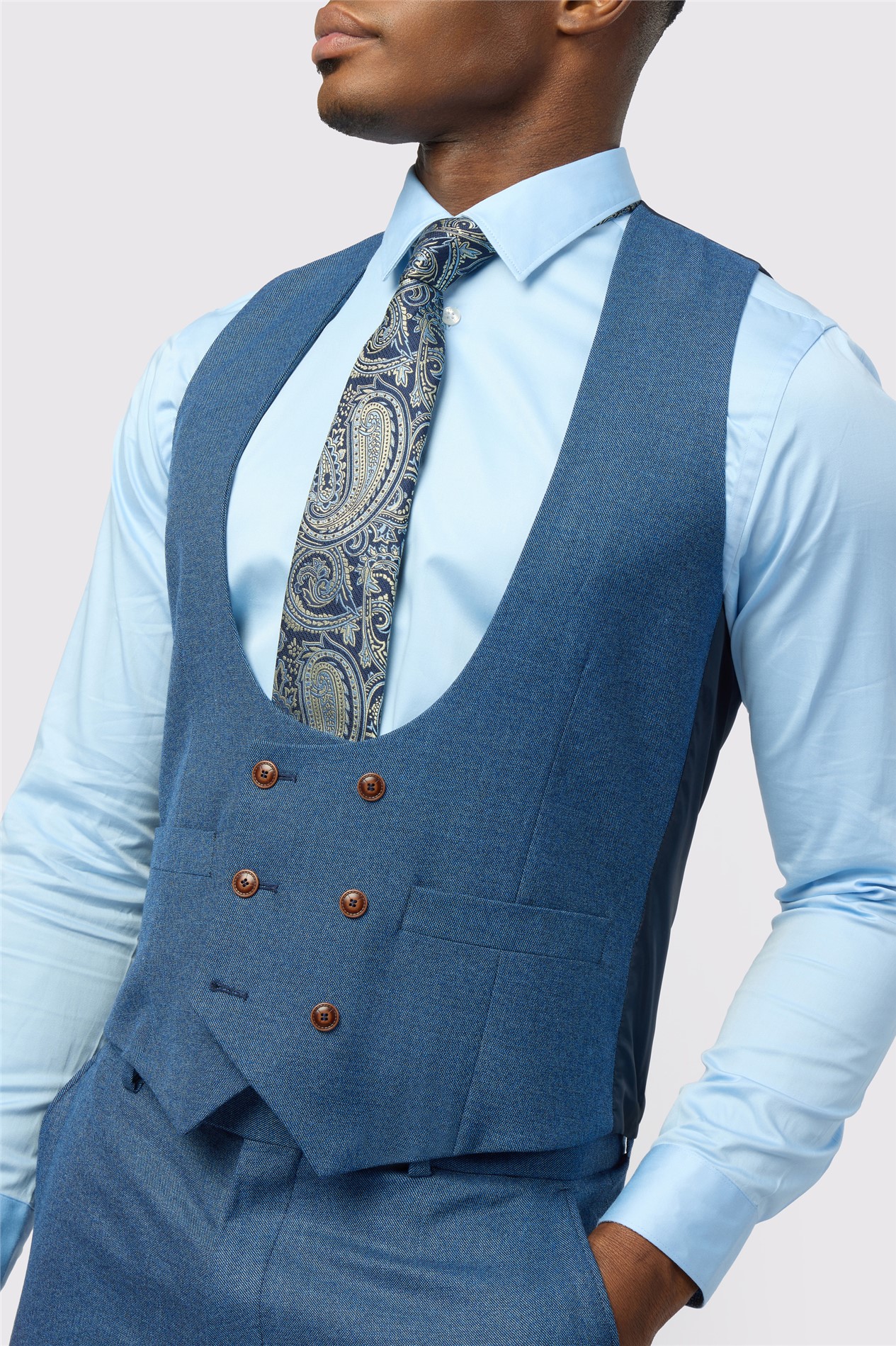 Antique Rogue Blue Textured Double Breasted Stretch Waistcoat