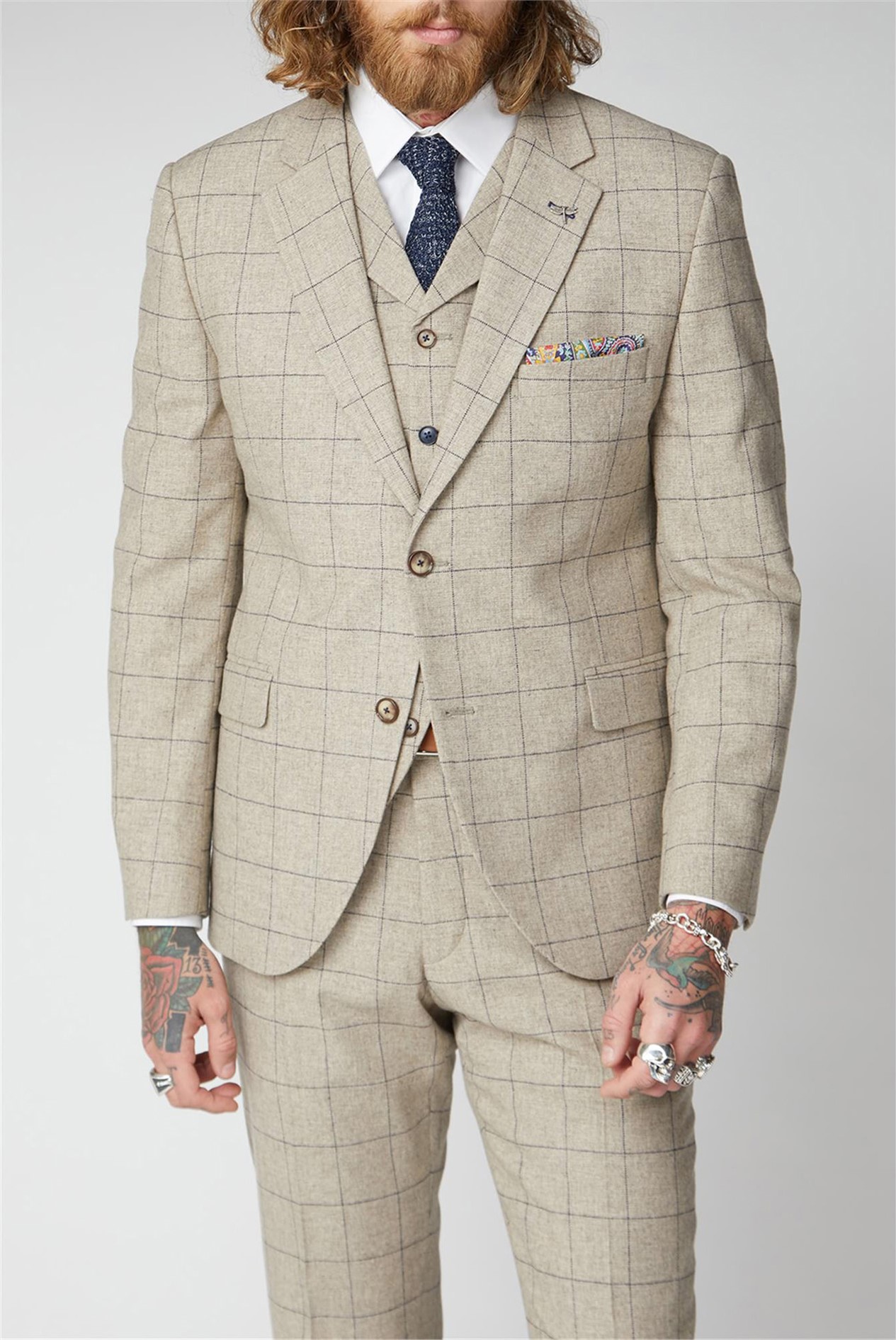 Gibson London Beige Windowpane Checked Suit SuitDirect.co.uk